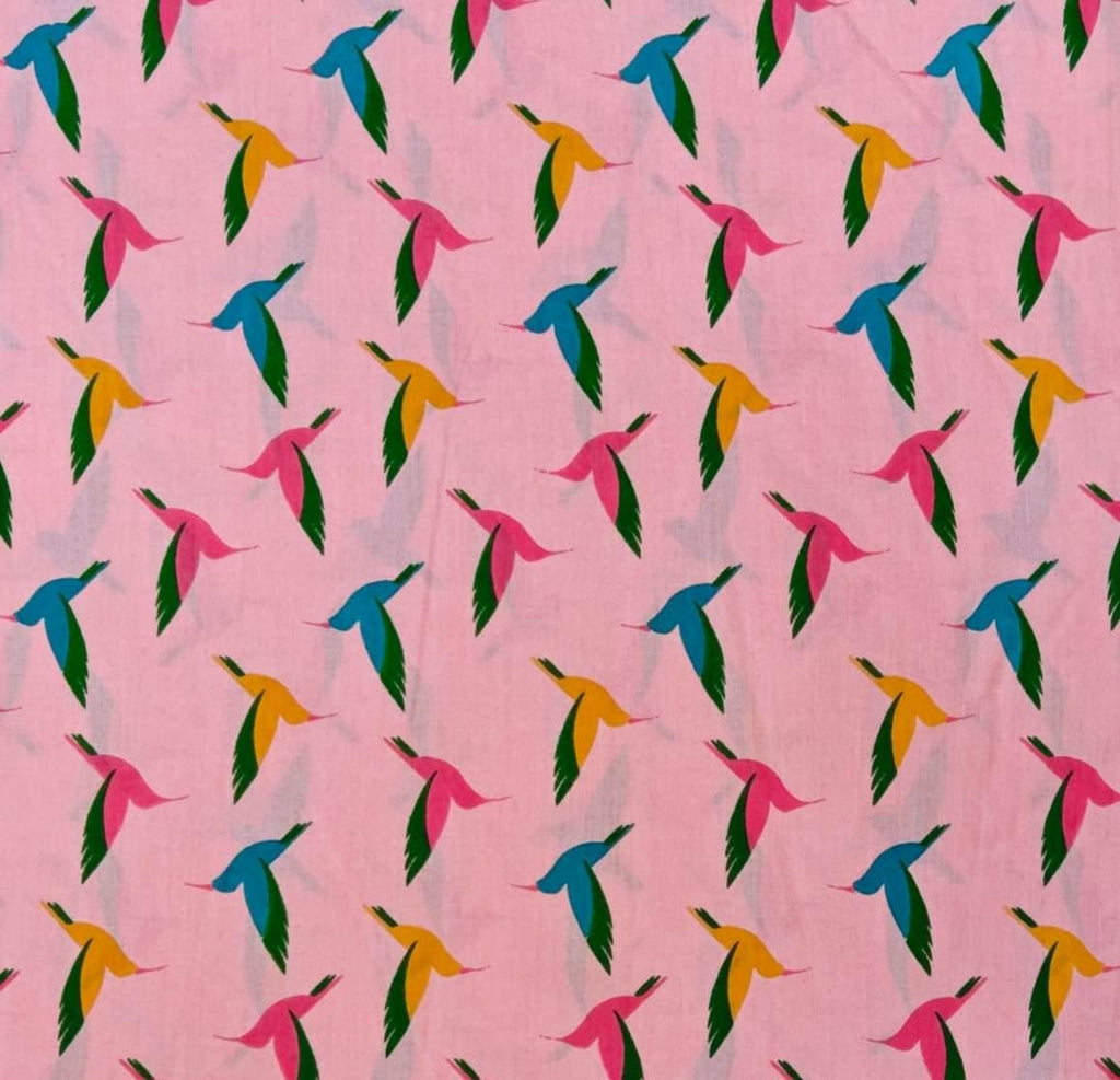 Pink Hummingbird Cotton Fabric, Colorful Bird Print Fabric, Quilting Cotton by the Yard, Sewing Craft Fabric, Nature Animal Fabric, Running