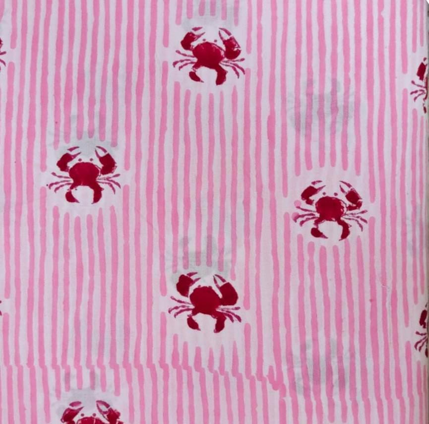 Pink Striped Crab Print Cotton Fabric, Nautical Coastal Fabric by Yard, Soft Cotton Textile for Sewing, Summer Dresses Bulk Fabric Available