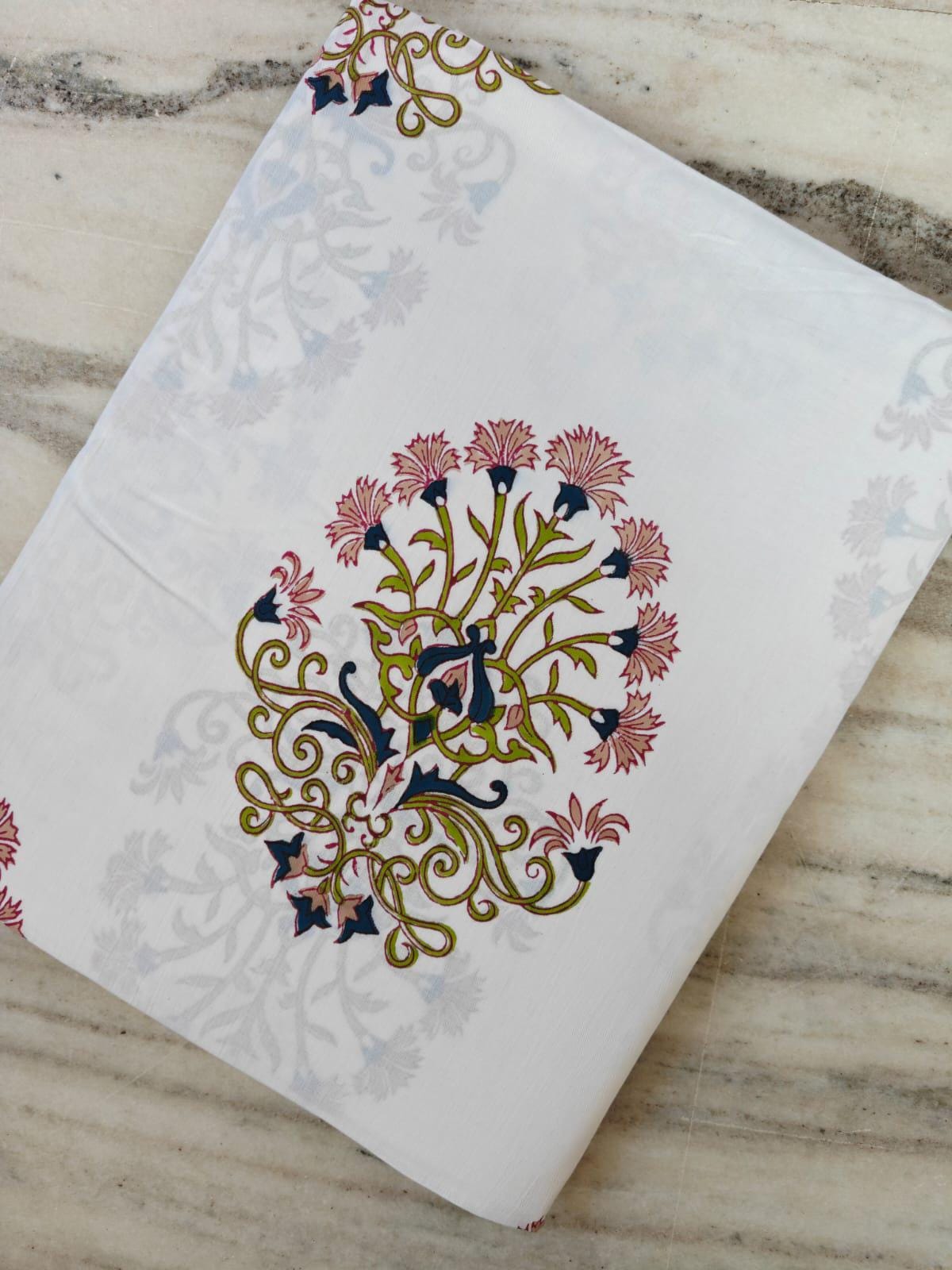 Indian Floral Cotton Fabric by the Yard, White Botanical Block Print Style Fabric, Pink Blue Flower Sewing Fabric for Dressmaking & Quilting