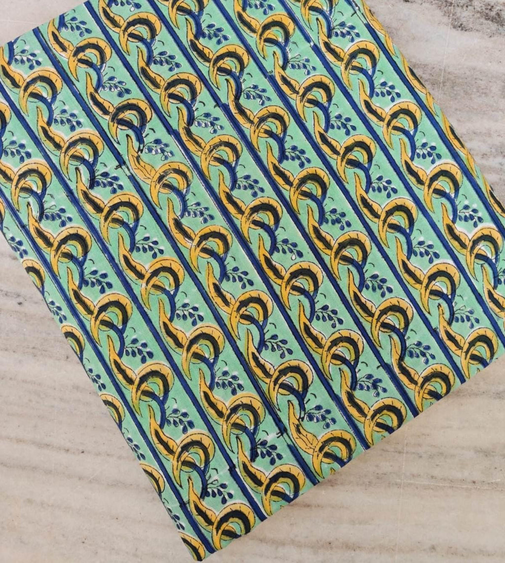 Mint Green & Mustard Block Print Cotton Fabric, Striped Boho Floral, Lightweight Dressmaking Fabric, Loose Running Fabric, Cotton Napkins