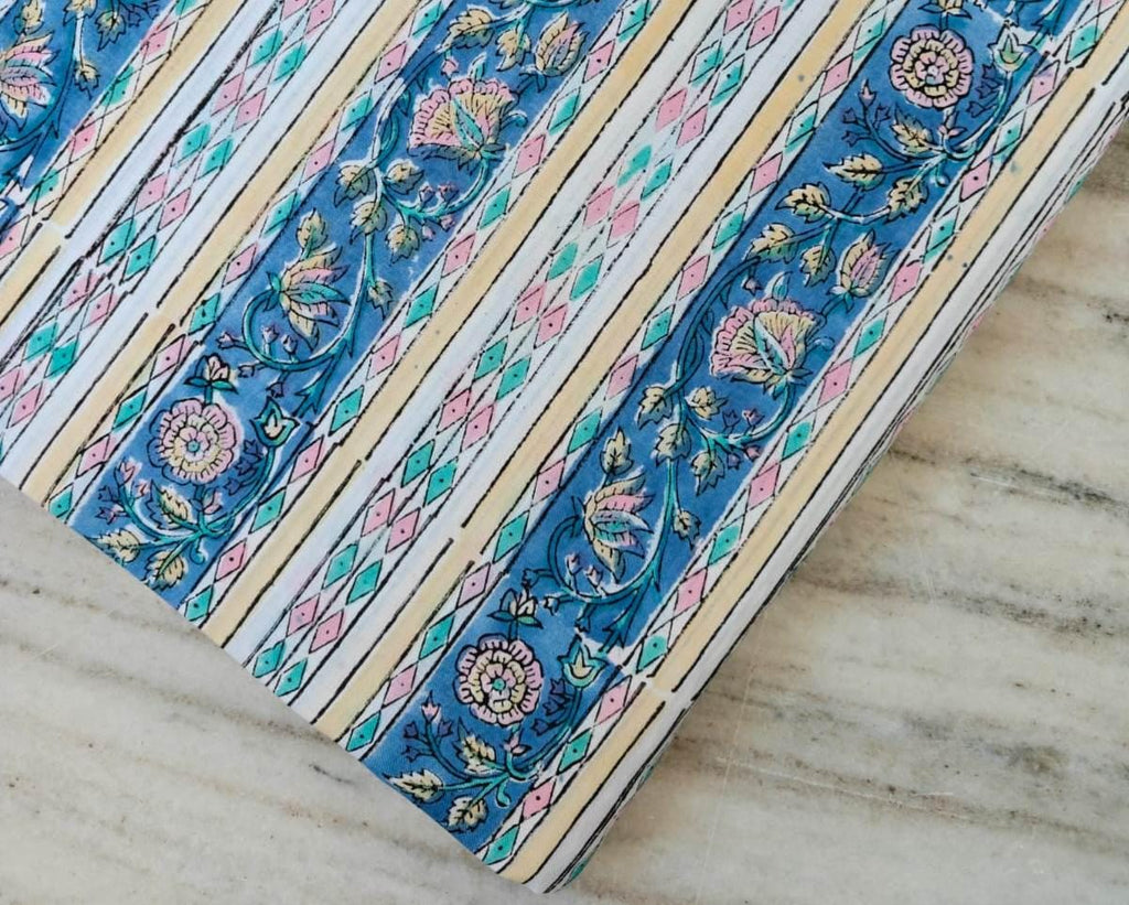Blue, Pink & Yellow Stripe Indian Hand Block Print Fabric, Floral 100% Cotton Quilting Fabric By The Yard Fabric Dress Making Running Fabric