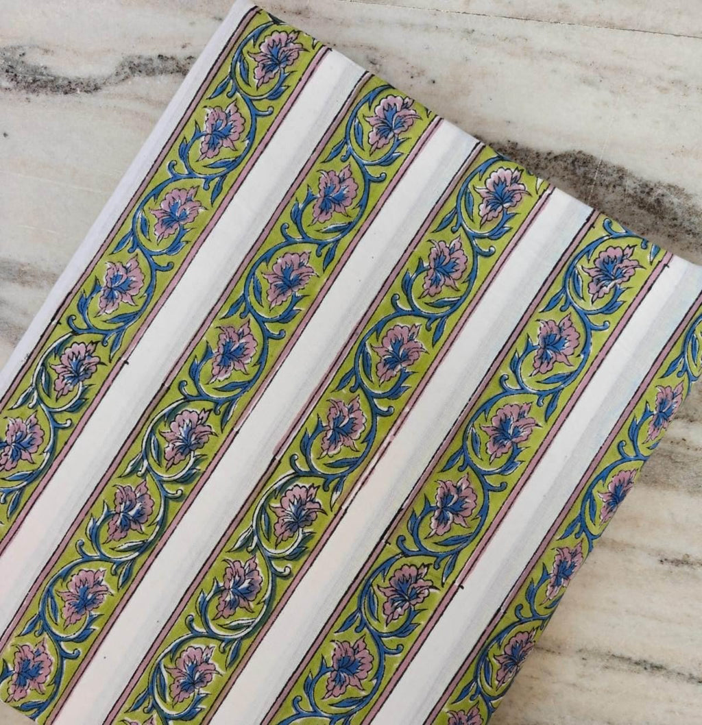 Green Floral Stripe Cotton Fabric, Pink & Blue Block Print Style Cotton, Indian Floral Craft Fabric by the Yard – Quilting, Home Decor