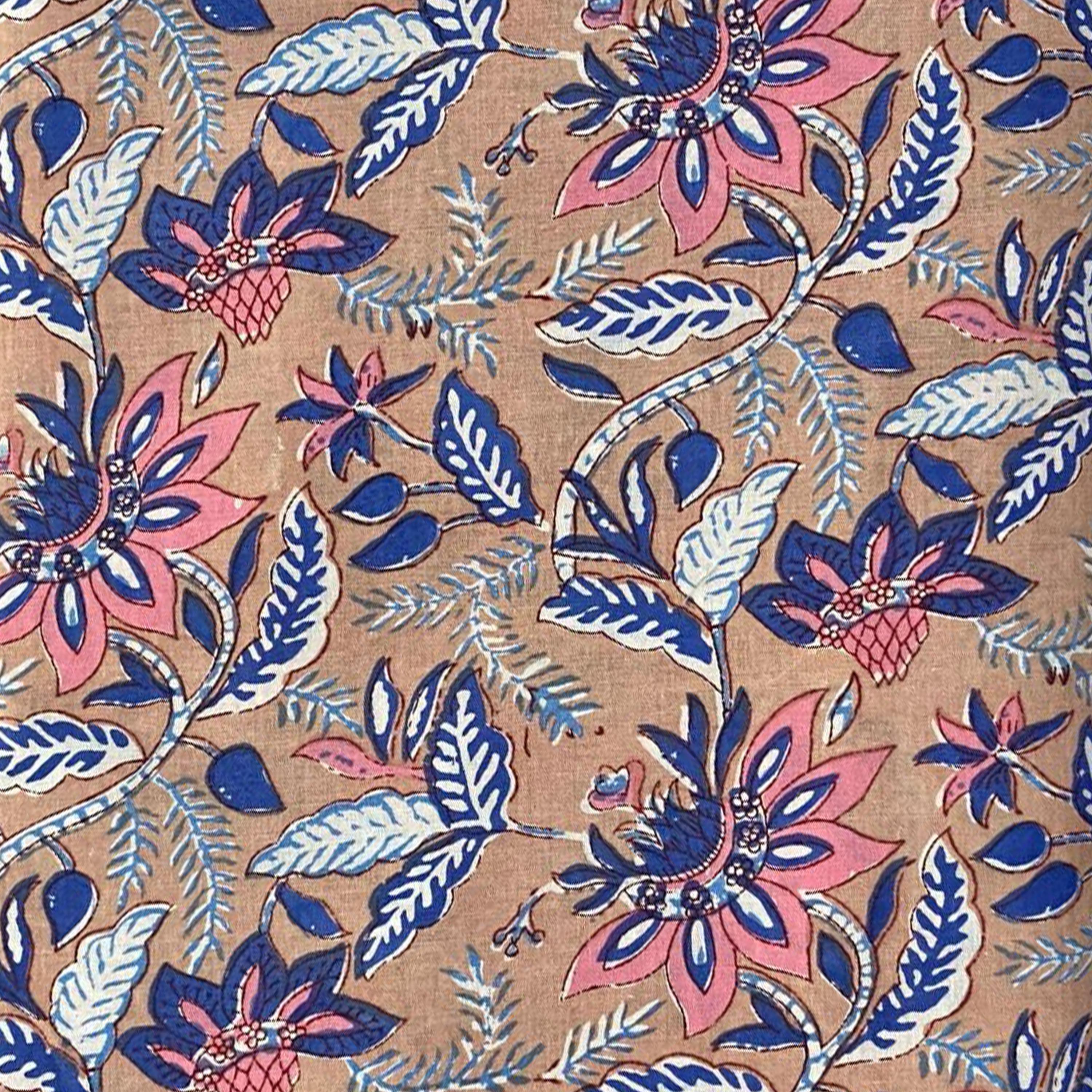 Floral Cotton Cushion Cover, Blue Pink Botanical Pillow Case, Hand Block Print Style Throw Pillow Cover, Farmhouse Boho Home Decor