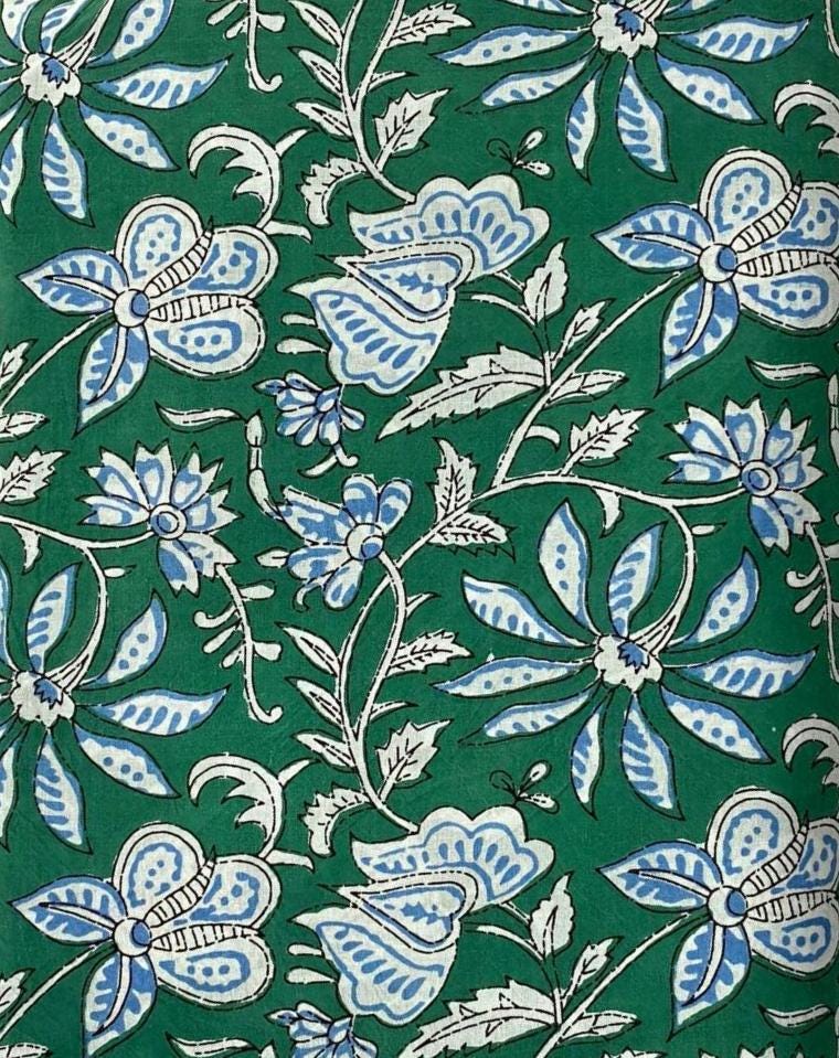 Green Floral Block Print Cotton Fabric, Blue White Hand Printed Indian Cotton, Fabric by The Yard, Soft Lightweight Sewing Quilting Fabric