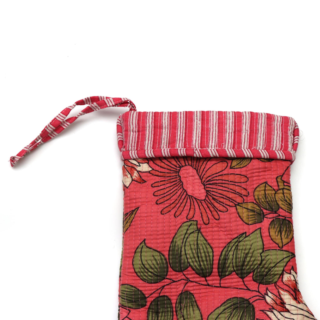 Handmade Quilted Christmas Stocking, Floral Cotton Kantha Stocking, Reversible Holiday Stocking, Rustic Boho Xmas Decor, Gift Stocking
