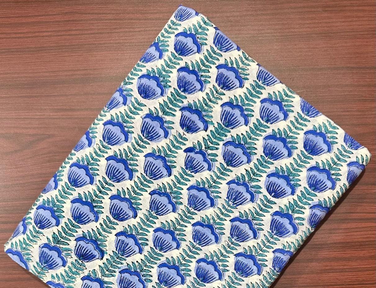Hand Block Print Cotton Fabric – Blue Floral Indian Print, Soft Natural Cotton Textile for Sewing, Quilting & Crafts | Napkins Fabric, Table