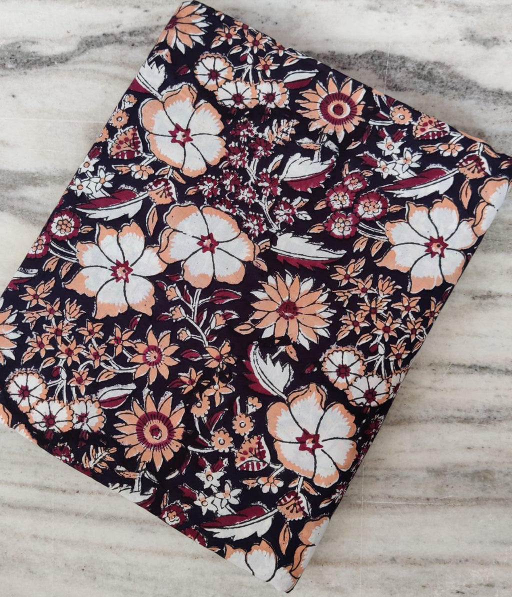 Black Floral Cotton Fabric | Hand Block Print Indian Fabric by the Yard | Boho Vintage Flowers | Quilting, Sewing, Dressmaking Material