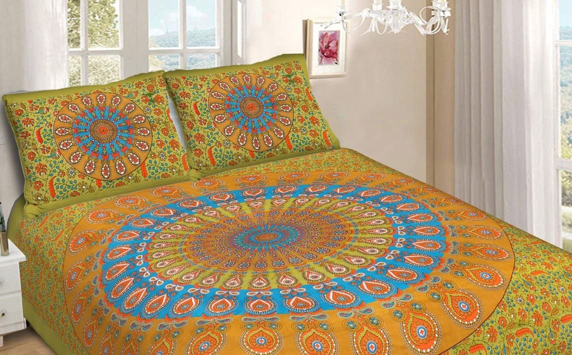 Mandala Cotton Bedsheet Queen Size Flat Sheet | Mandala Famous Cotton Double Bedsheet With 2 Pillow Covers | Couple Bedsheet Set