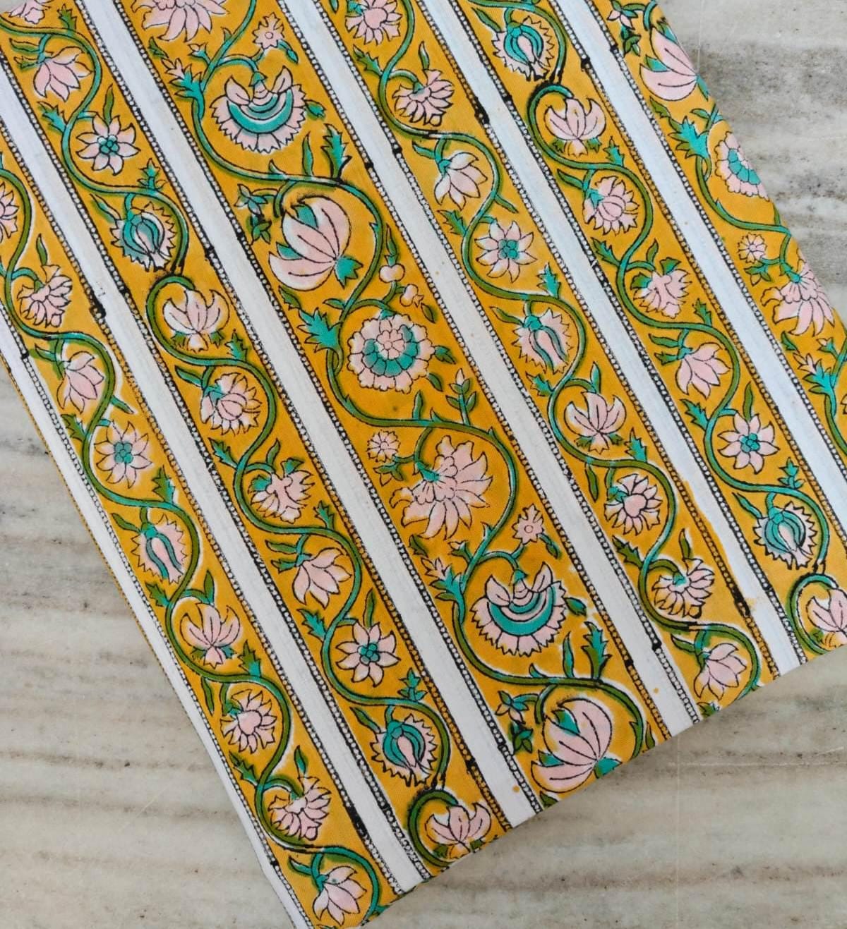 Yellow & White Floral Stripe Cotton Fabric by the Yard, Indian Block Print Cotton, Boho Border Print Fabric, Dressmaking Quilting Fabric