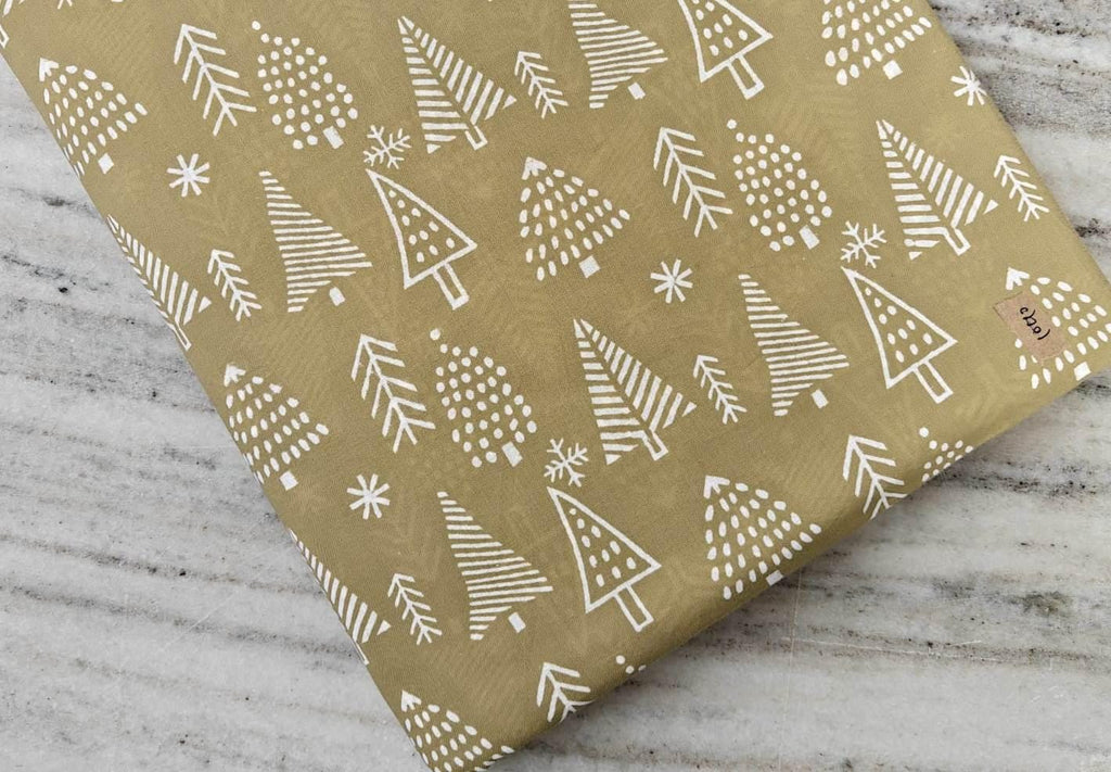 Christmas Cotton Fabric with White Tree Print, Holiday Block Print Fabric by the Yard, Quilting, Sewing, Festive Crafts & Home Decor