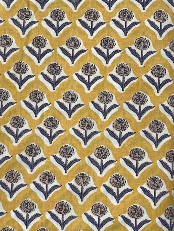 Yellow Floral Hand Block Print Cotton Fabric, Indian Soft Cotton by the Yard, Buti Pattern for Quilting, Dressmaking, Textile Fabric, Gifts