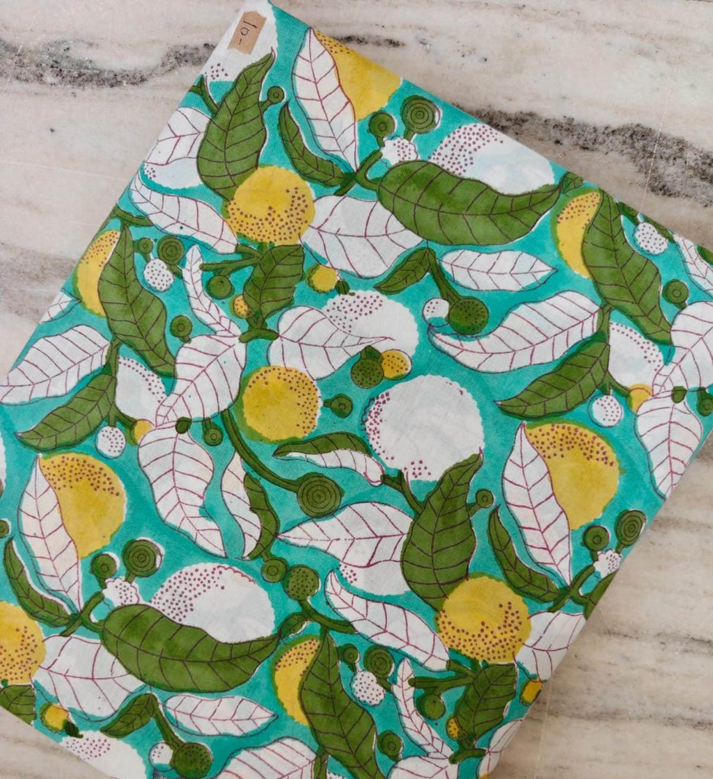 Lemon Print Cotton Fabric, Fruit Cotton Fabric by The Yard, Green Leaf Summer Fabric, Block Print Cotton Fabric Dress Making, Textile Fabric