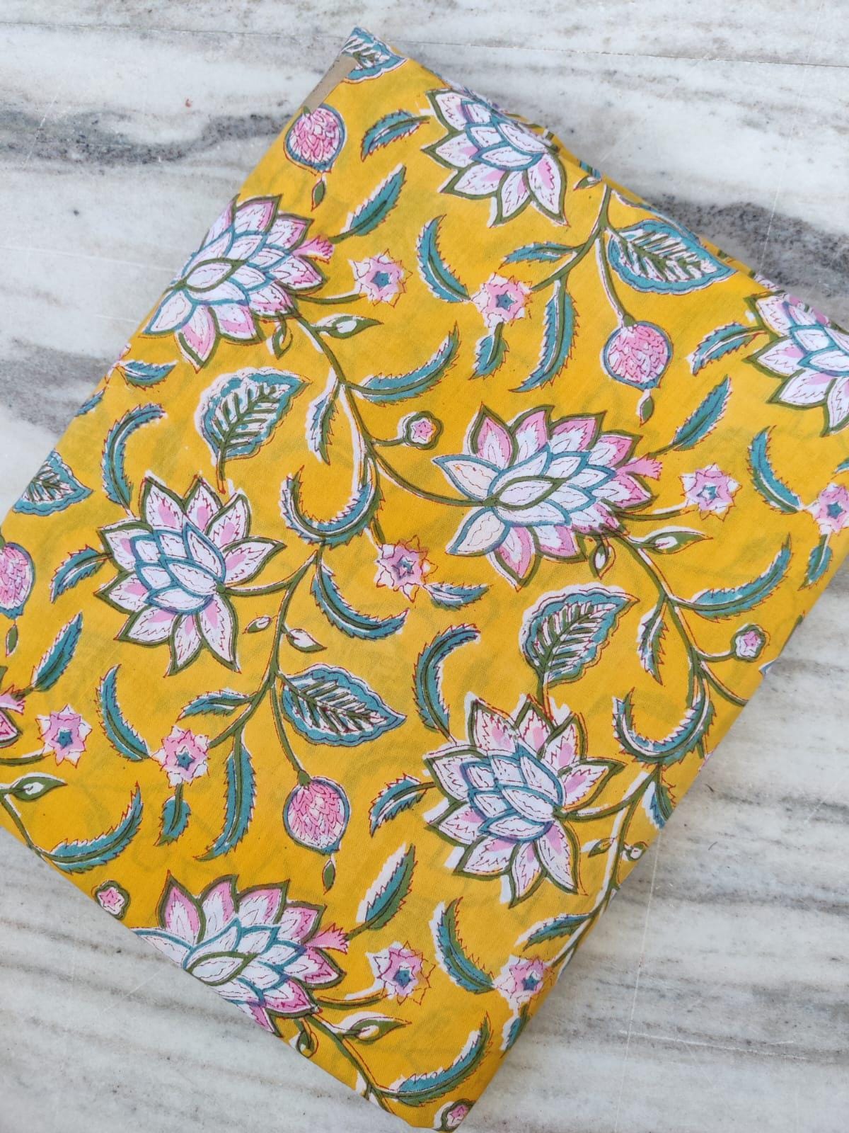 Yellow Lotus Floral Cotton Fabric by the Yard | Indian Hand Block Print Fabric for Quilting, Sewing, Dressmaking & Crafts | Textile Fabric
