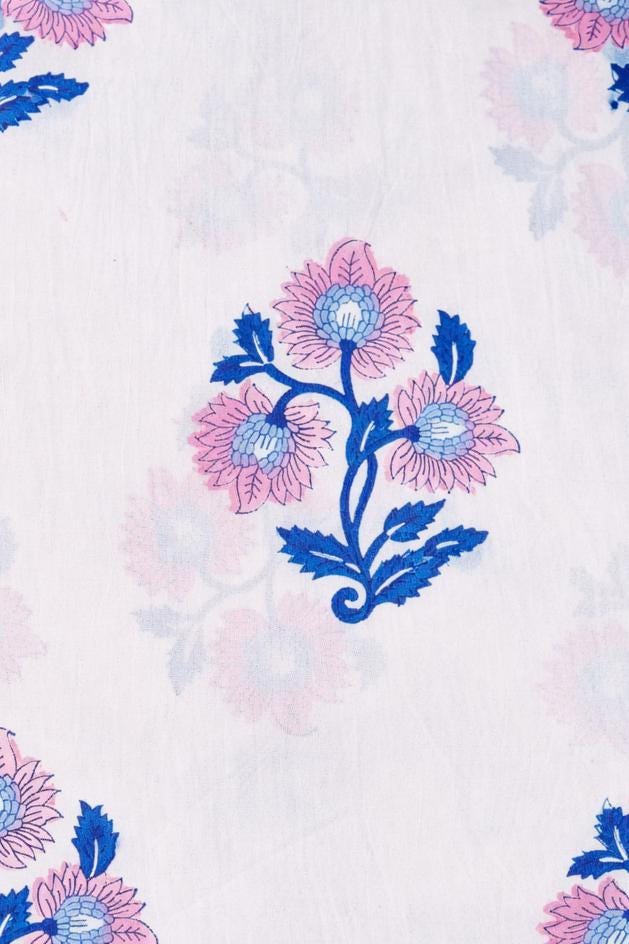 White Floral Cotton Fabric | Blue Pink Hand Block Print Fabric | Indian Floral Cotton Cloth for Sewing, Dressmaking | Loose Running Fabric