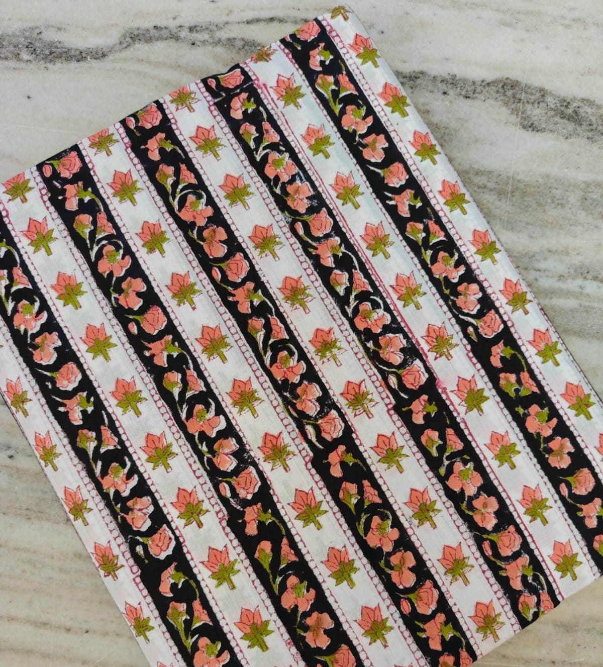 White and Black Floral Stripe Cotton Fabric by Yard, Indian Hand Block Print Fabric, Peach Flower Cotton Material for Dressmaking, Quilting