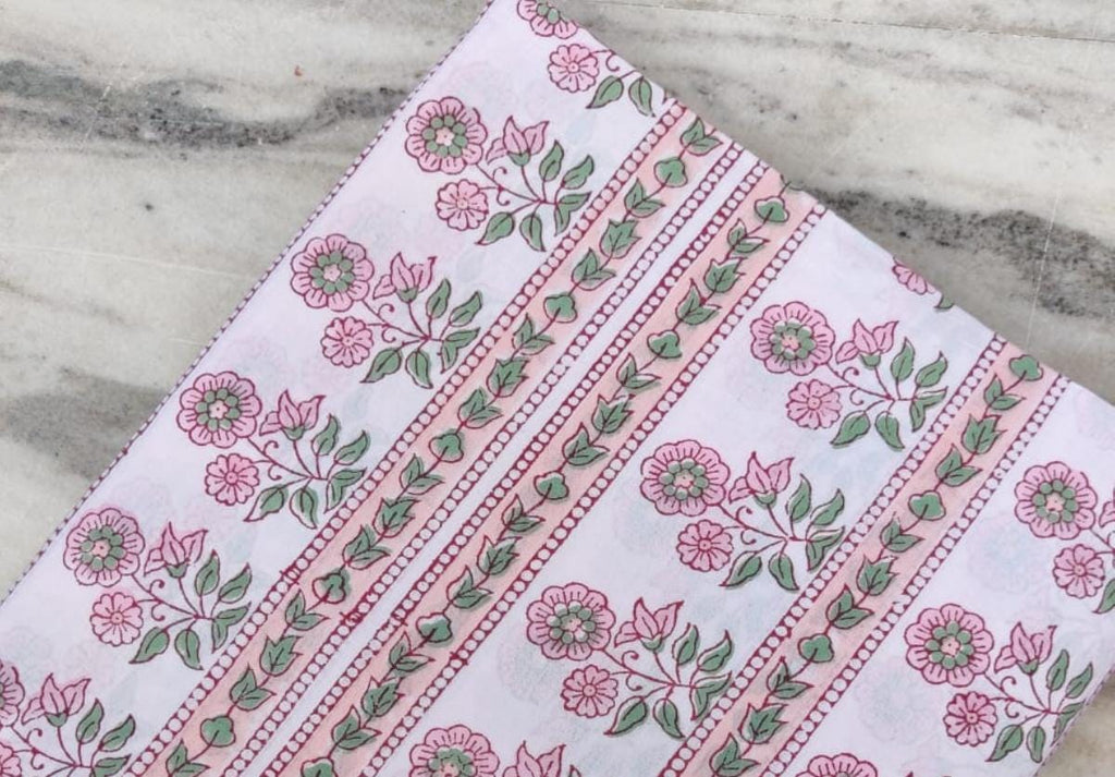 White Cotton Fabric with Pink Floral Stripes, Indian Hand Block Print Fabric by the Yard, Soft Cotton for Sewing, Dressmaking & Crafts