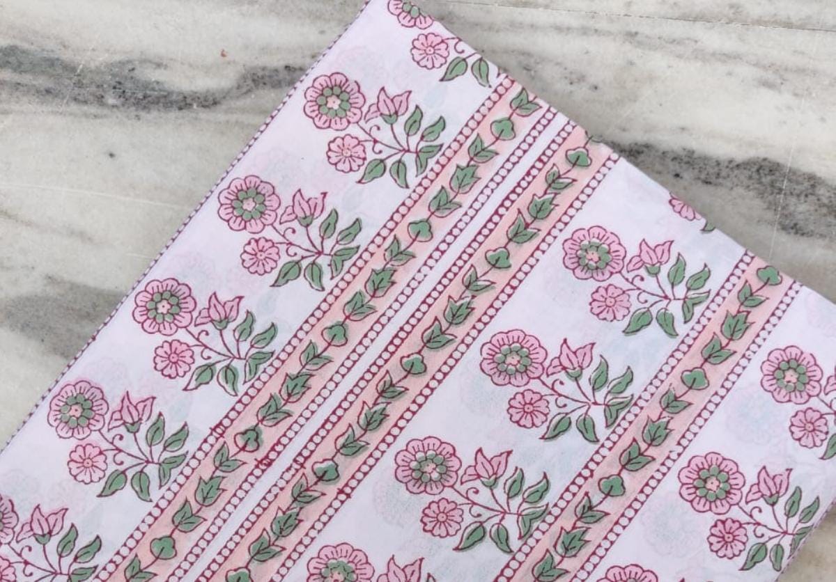 White Cotton Fabric with Pink Floral Stripes, Indian Hand Block Print Fabric by the Yard, Soft Cotton for Sewing, Dressmaking & Crafts