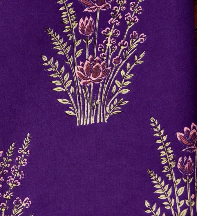 Purple Lotus Floral Cotton Fabric, Hand Block Print Indian Cotton Textile, Botanical Boho Fabric for Quilting Dress, Loose Running Fabric