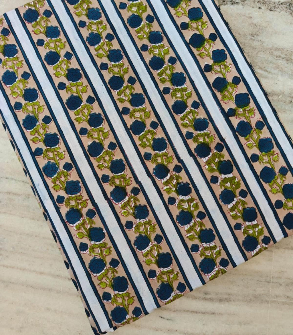 Black Floral Stripe Cotton Fabric by Yard, Blue Flower Cotton Fabric, Indian Block Print Fabric, Striped Floral Cotton for Dress Making