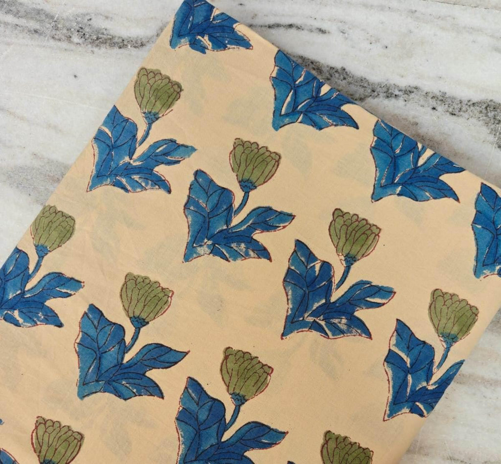 Hand Block Print Blue Leaf Green Bud Pattern Fabric, Beige Floral Cotton Fabric, Indian Cotton Fabric by the Yard, Fabric For Dress Making