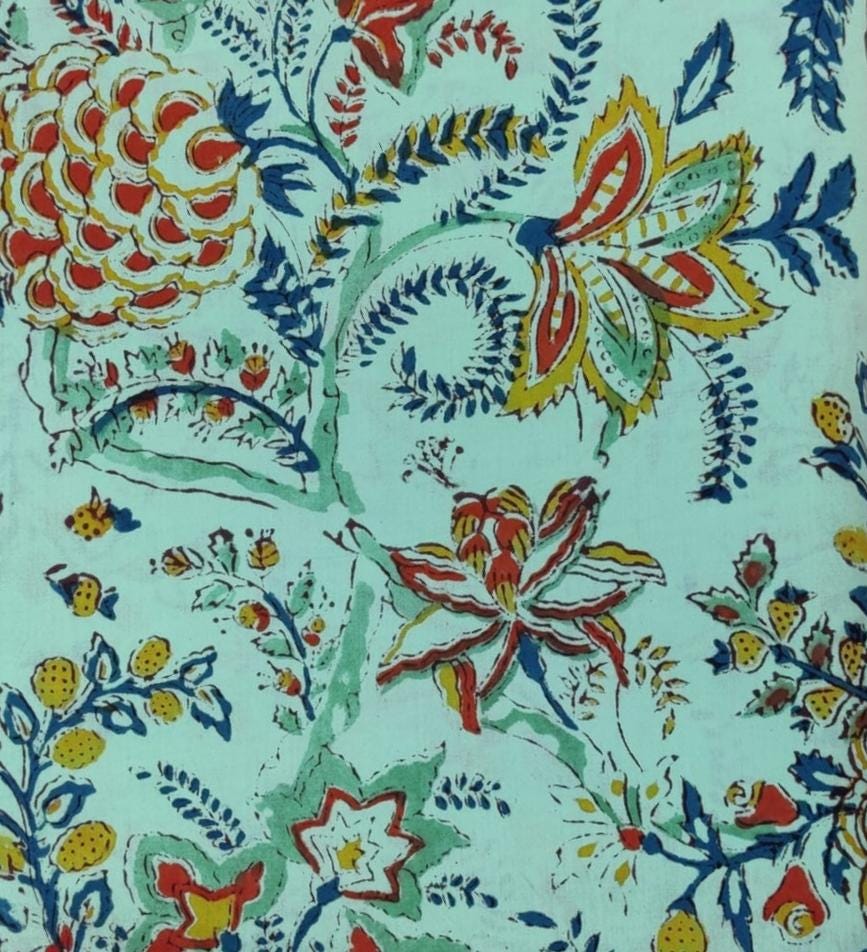Green Indian Hand Block Print Fabric, 100% Cotton Quilting Fabric By The Yard, Dressmaking Fabric, Loose Running Fabric, Napkin Fabric