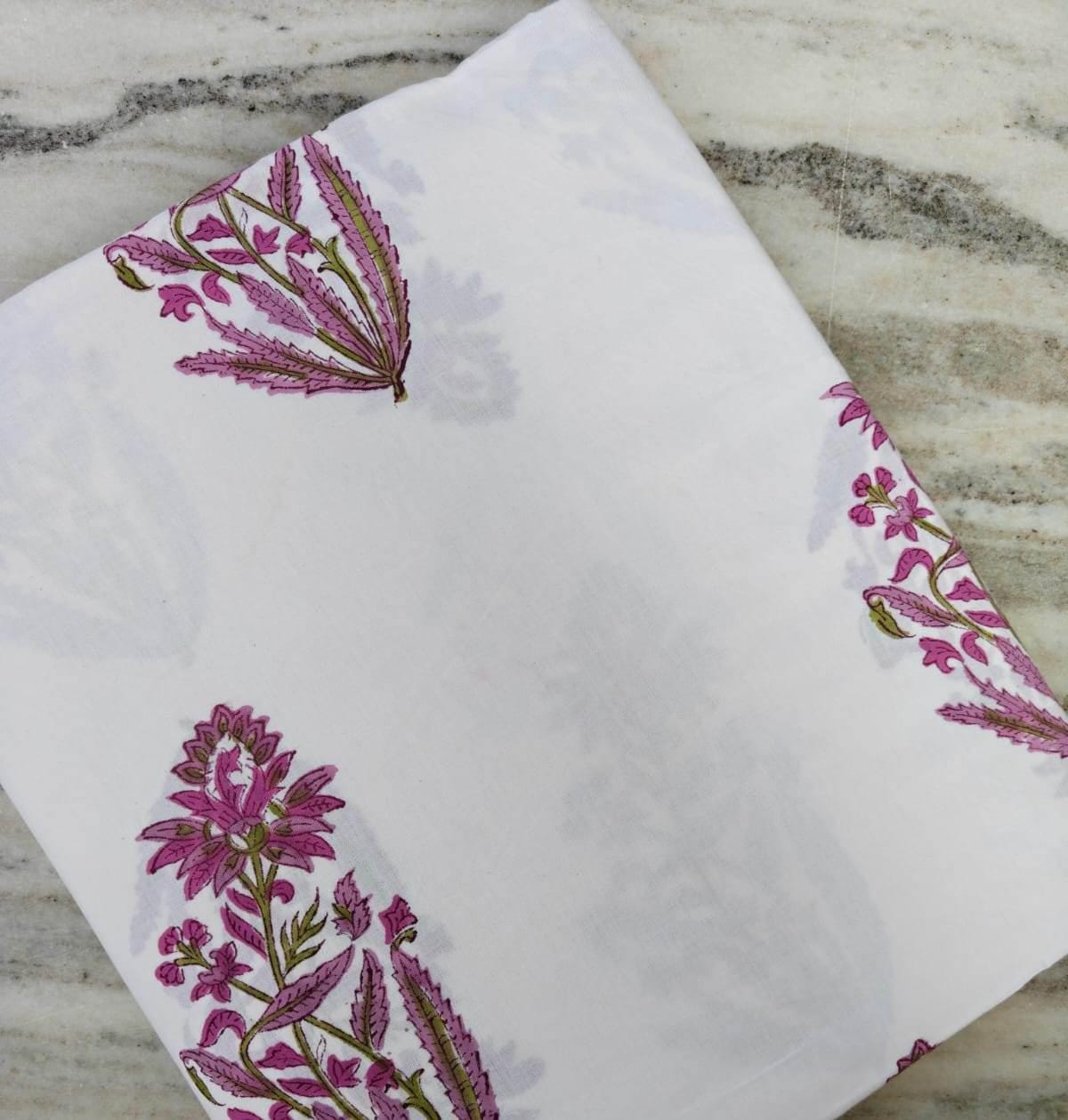 Pink Floral Block Print Cotton Fabric, Hand Block Printed White Cotton By The Yard, Indian Floral Fabric for Dressmaking, Quilting, Crafts