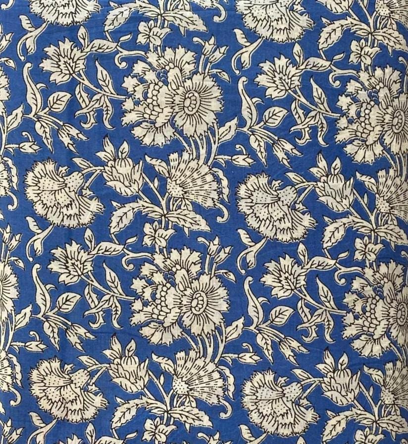 Blue Floral Cotton Fabric, Hand Block Print Fabric, Indian Cotton Fabric by Yard, Vintage Floral Fabric, Quilting Fabric, Cotton Textile