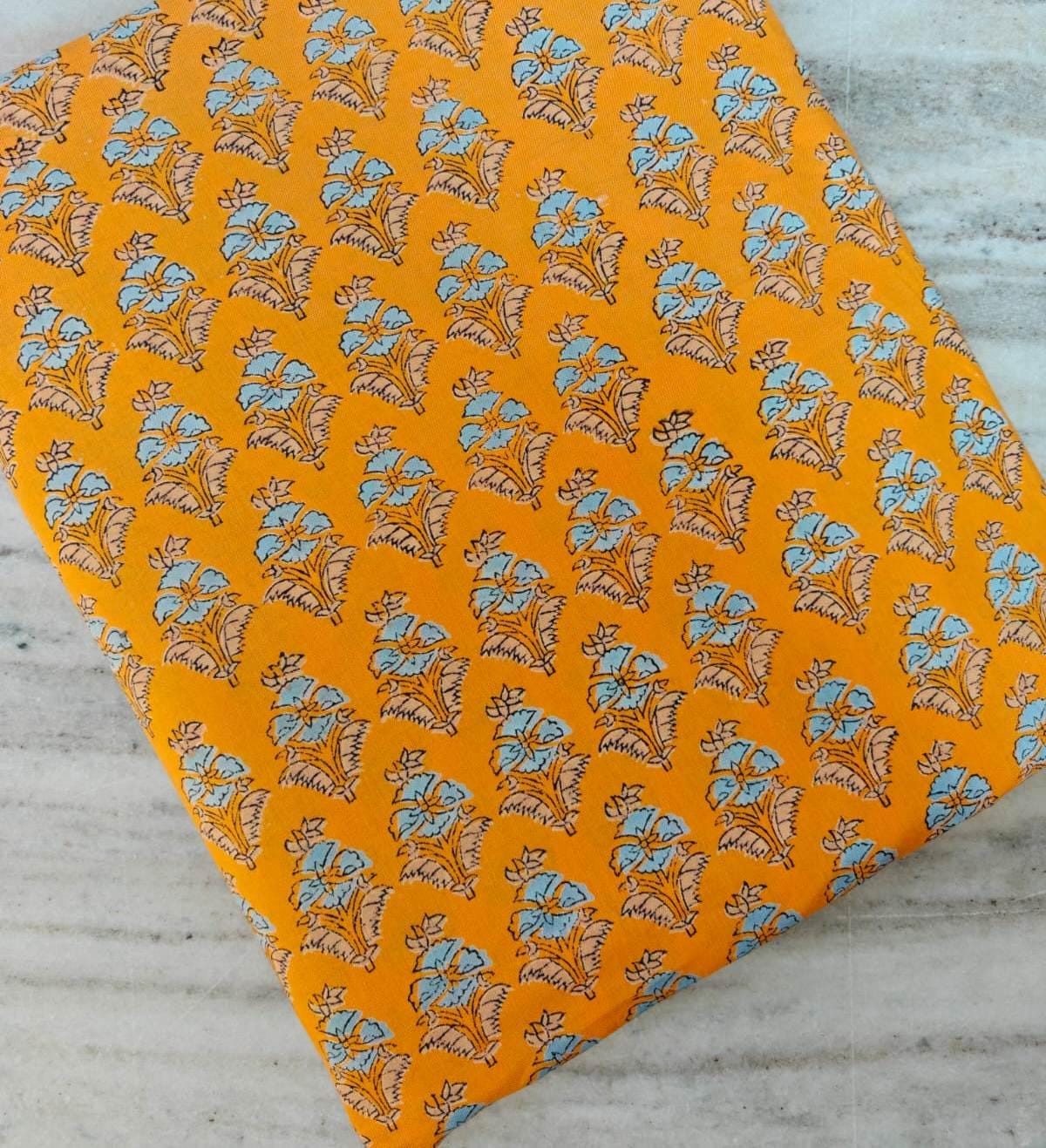 Soft Mustard Yellow Color Floral Block Print Cotton Fabric by the Yard, Indian Hand Printed Cotton, Boho Sewing Quilting Dress Making Fabric