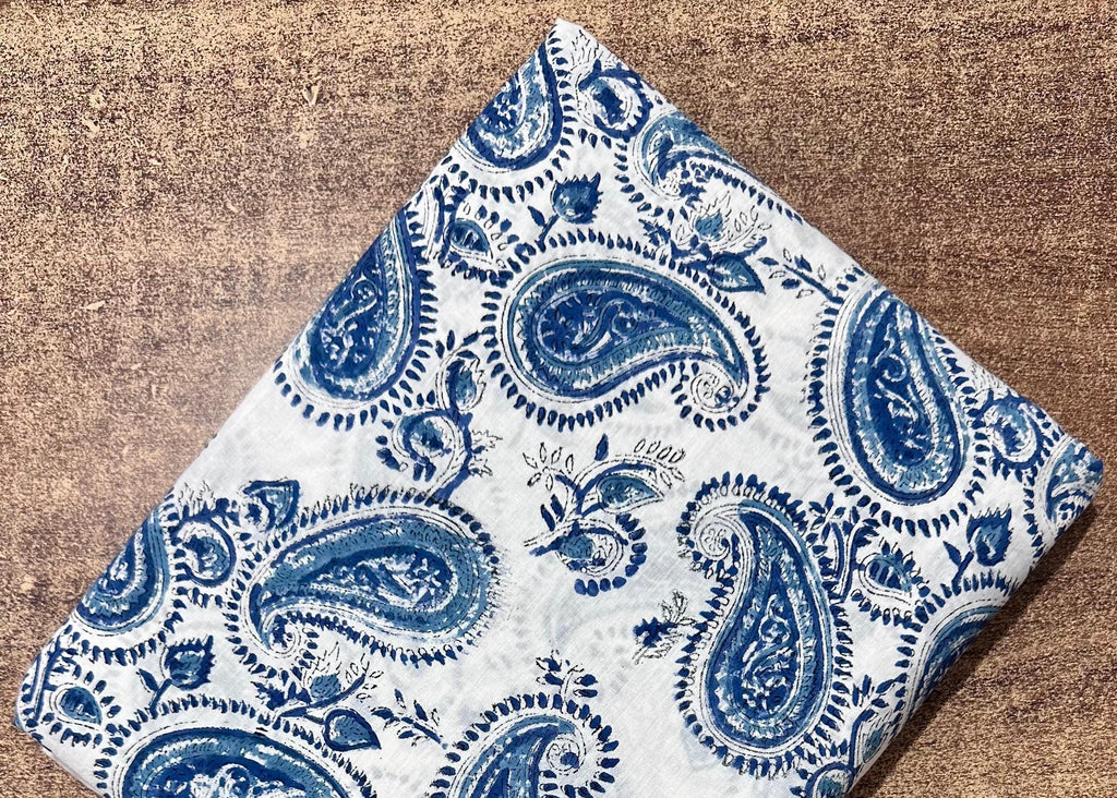 Indigo Blue Paisleyi Indian Hand Block Print Fabric, Soft Cotton Fabric, Floral 100% Cotton Fabric By The Yard, Fabric For Loose Running