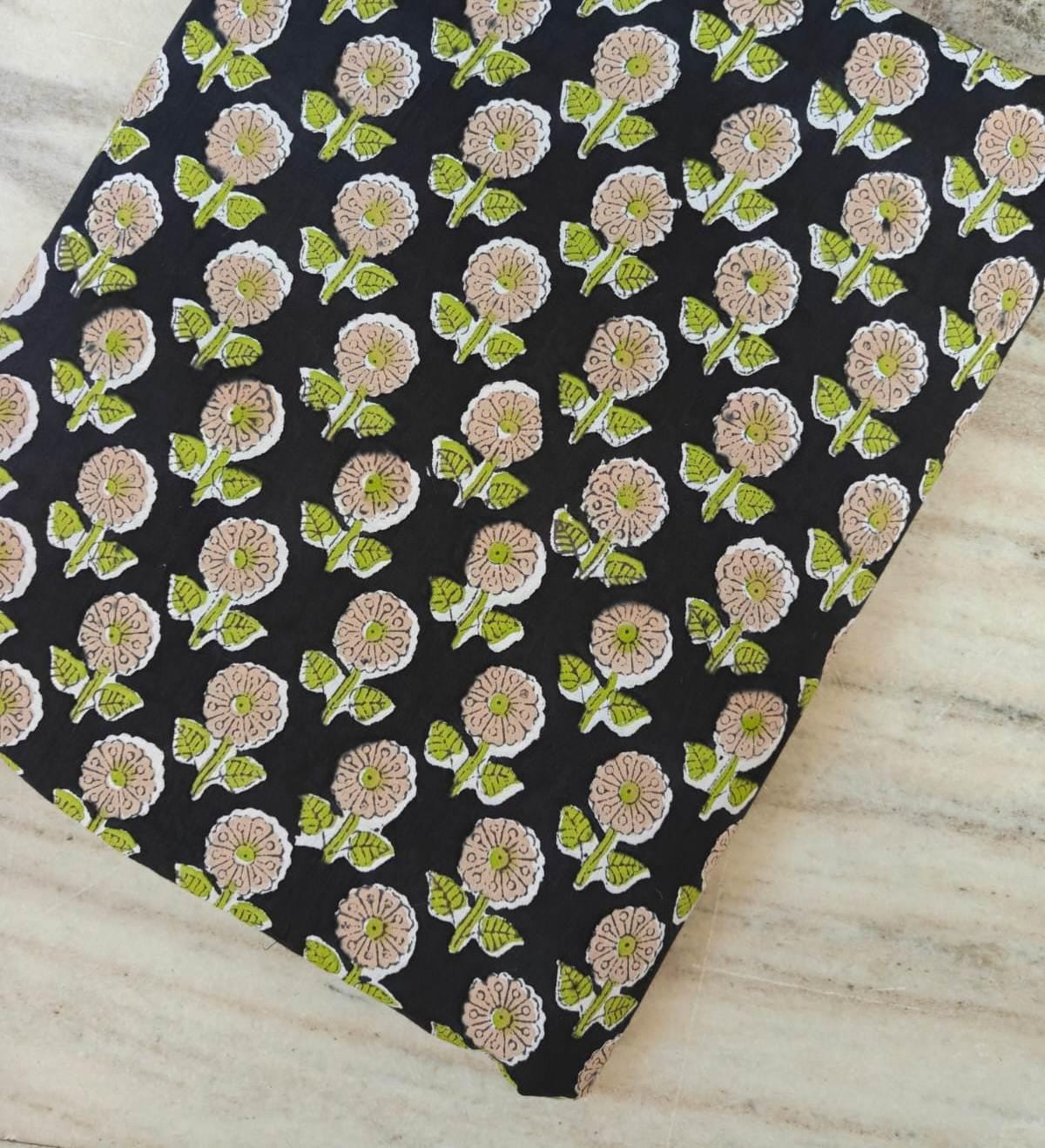 Black Floral Cotton Fabric by the Yard – Small Block Print Flower – Green & Beige Indian Handmade Textile, Soft White Cotton for Dressmaking