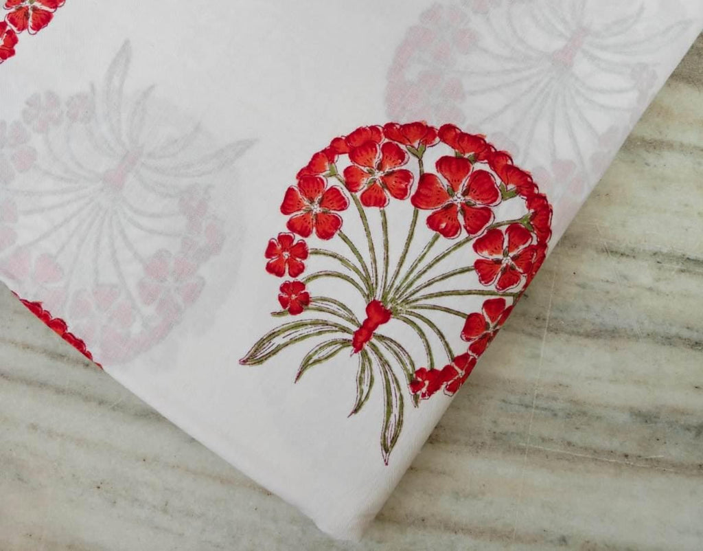 Red and White Designer Hand Block Print Fabric, Floral 100% Cotton Quilting Fabric By The Yard, Fabric For Dressmaking, Loose Running Fabric