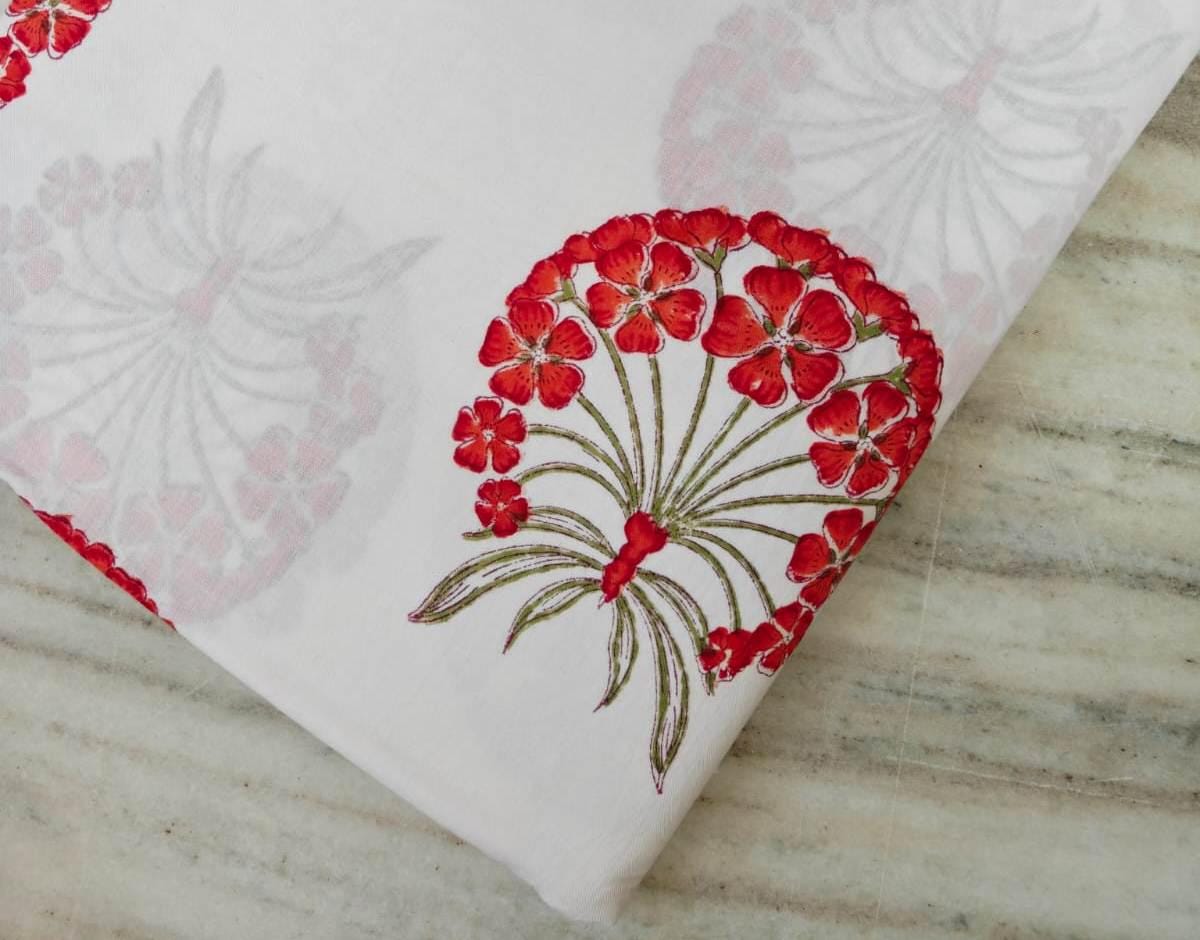 Red and White Designer Hand Block Print Fabric, Floral 100% Cotton Quilting Fabric By The Yard, Fabric For Dressmaking, Loose Running Fabric
