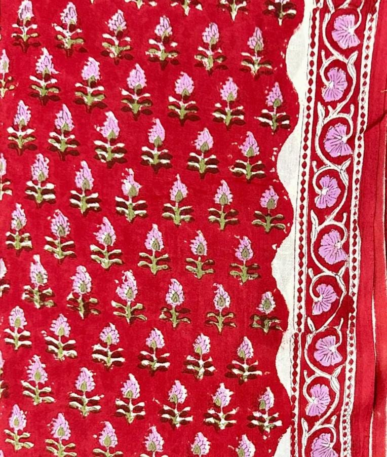 Red Floral Hand Block Print Cotton Fabric, Indian Block Printed Fabric by Yard, Ethnic Flower Print Fabric for Dress, Loose Running Fabric