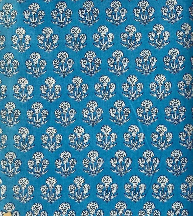 Blue Buti Hand Block Print Cotton Fabric, Soft Indian Floral Fabric by the Yard, Quilting, Sewing, Dressmaking, Loose Running Fabric, Gifts