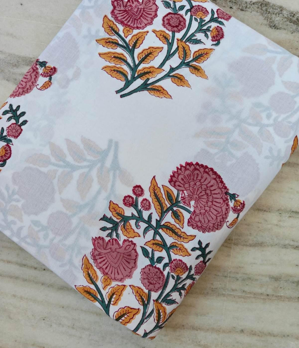 White Floral Cotton Fabric, Indian Block Print Fabric, Pink Yellow Botanical Fabric, Soft Mulmul Cotton, Lightweight Summer Dress Fabric