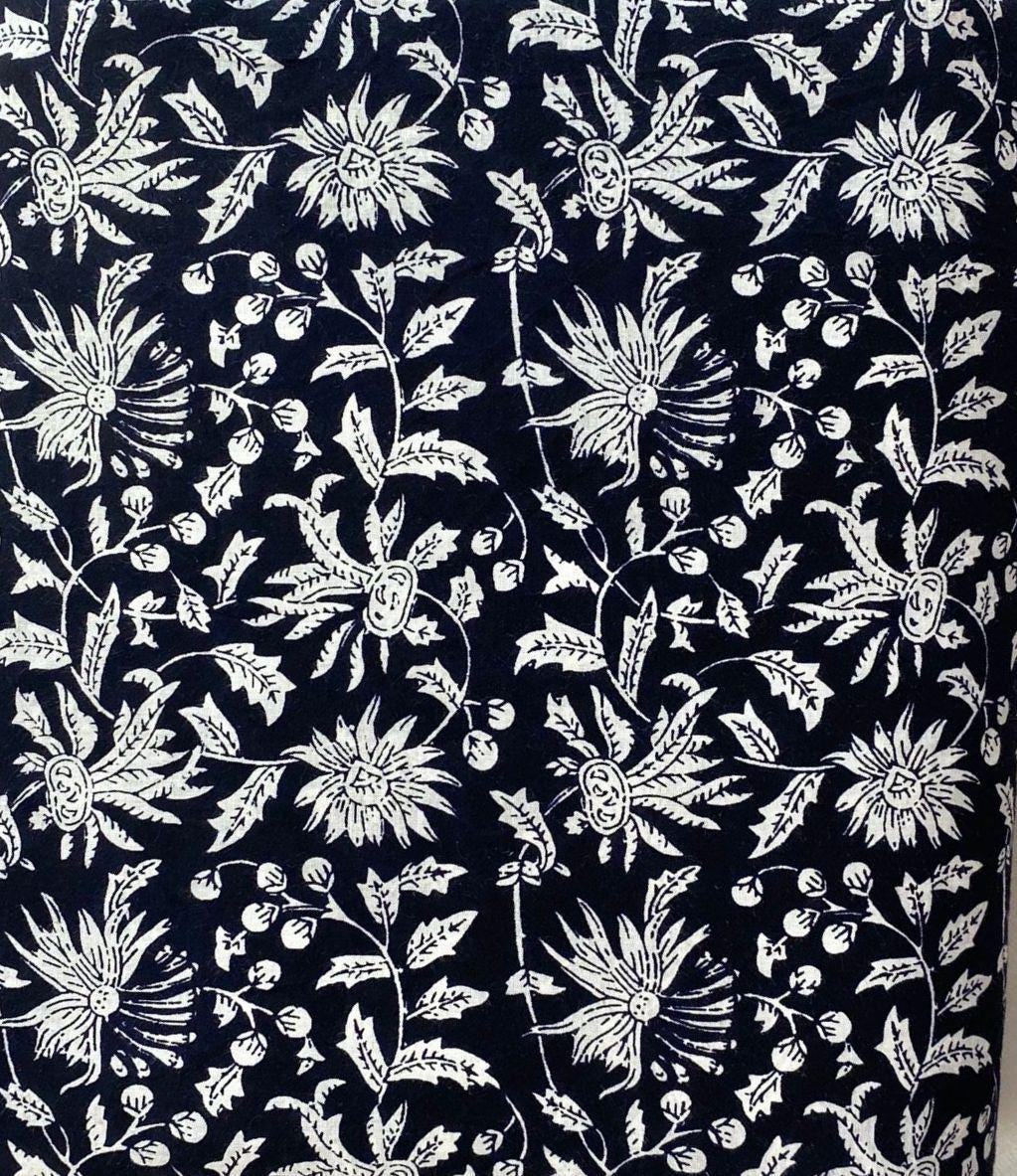 Black Soft Cotton, 100% Cotton Indian White Hand Block Print Fabric by the Yard, Fabric for Loose Running, Dress Making, Textile Fabric