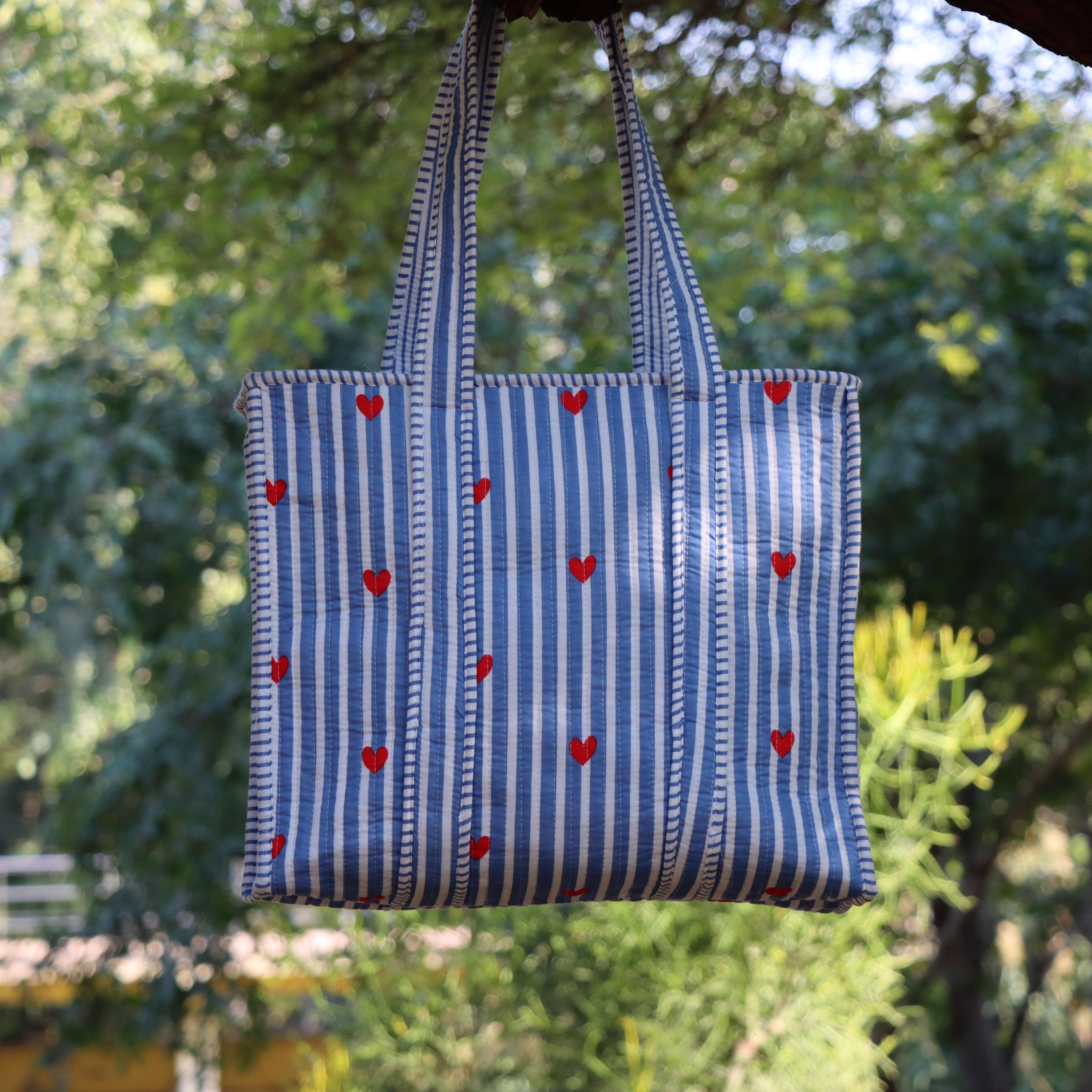 Handmade Quilted Tote Bag, Blue and White Stripe with Red Hearts