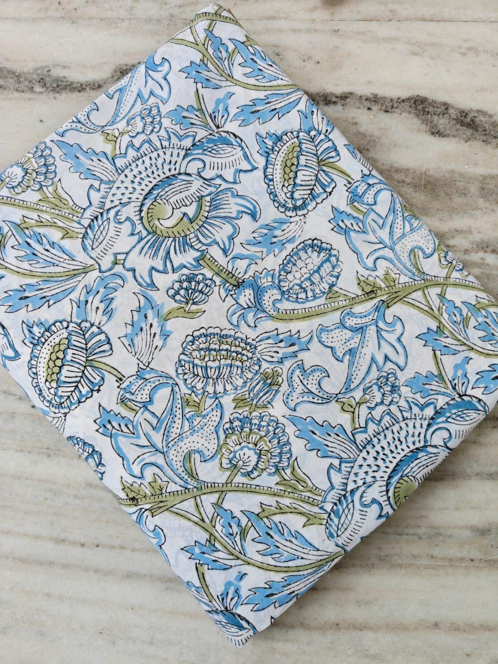 White Cotton Fabric with Blue & Green Floral Print, Hand Block Print Cotton by the Yard, Soft Indian Fabric for Quilting, Sewing Dressmaking
