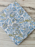 White Cotton Fabric with Blue & Green Floral Print, Hand Block Print Cotton by the Yard, Soft Indian Fabric for Quilting, Sewing Dressmaking