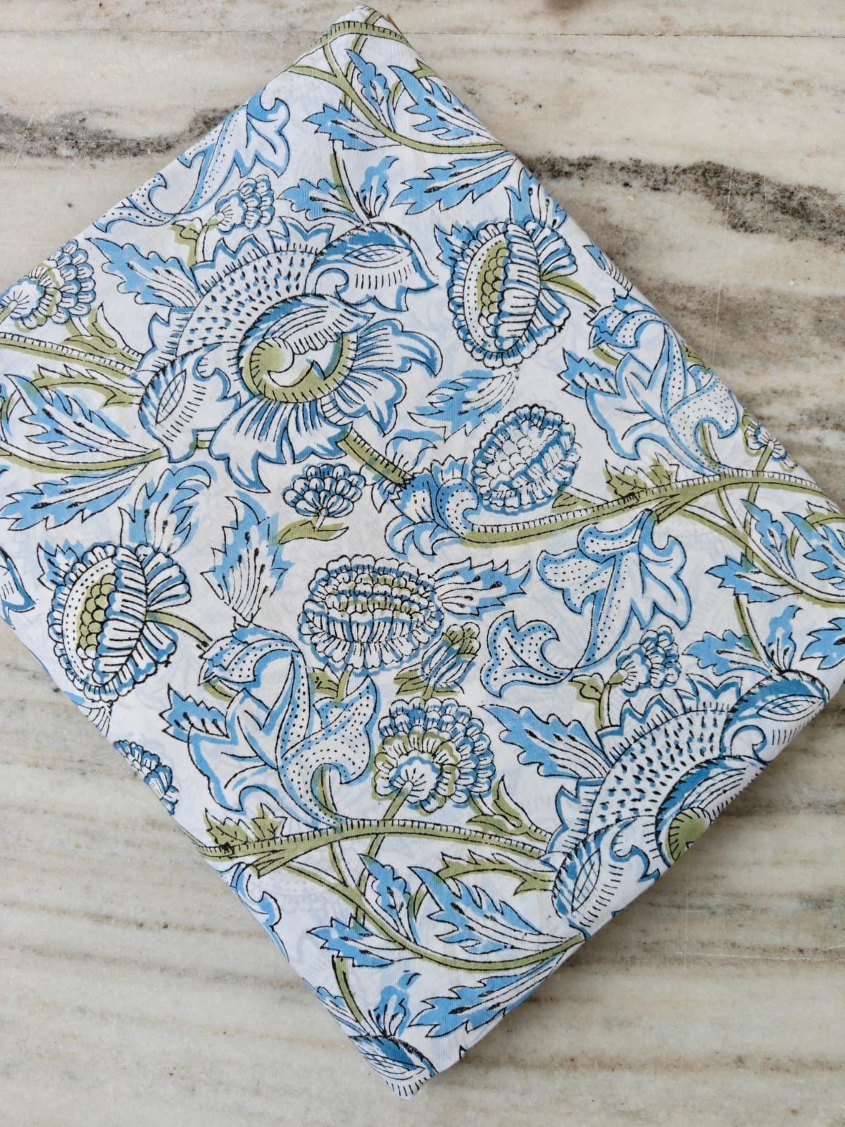 White Cotton Fabric with Blue & Green Floral Print, Hand Block Print Cotton by the Yard, Soft Indian Fabric for Quilting, Sewing Dressmaking