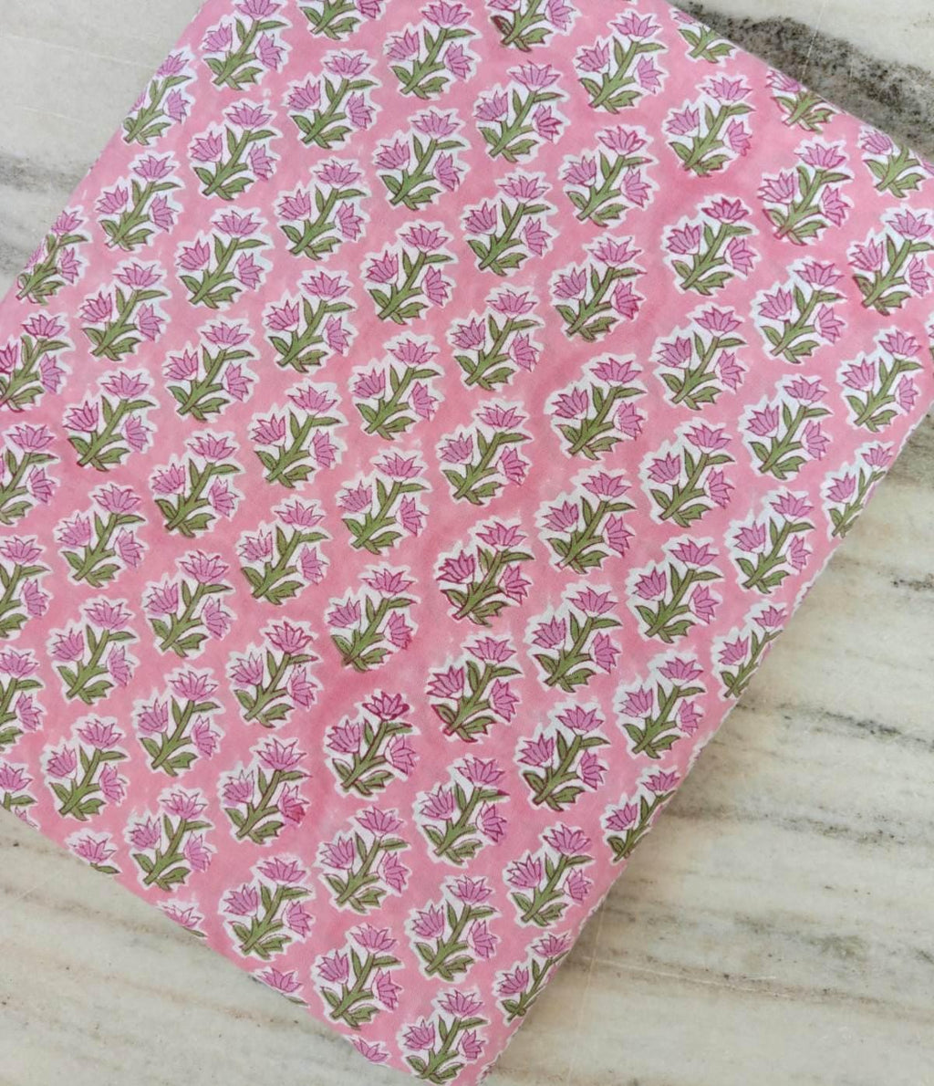 Pink Floral Hand Block Print Cotton Fabric – Indian Buti Print Fabric by the Yard – Soft Lightweight Cotton for Dressmaking & Quilting