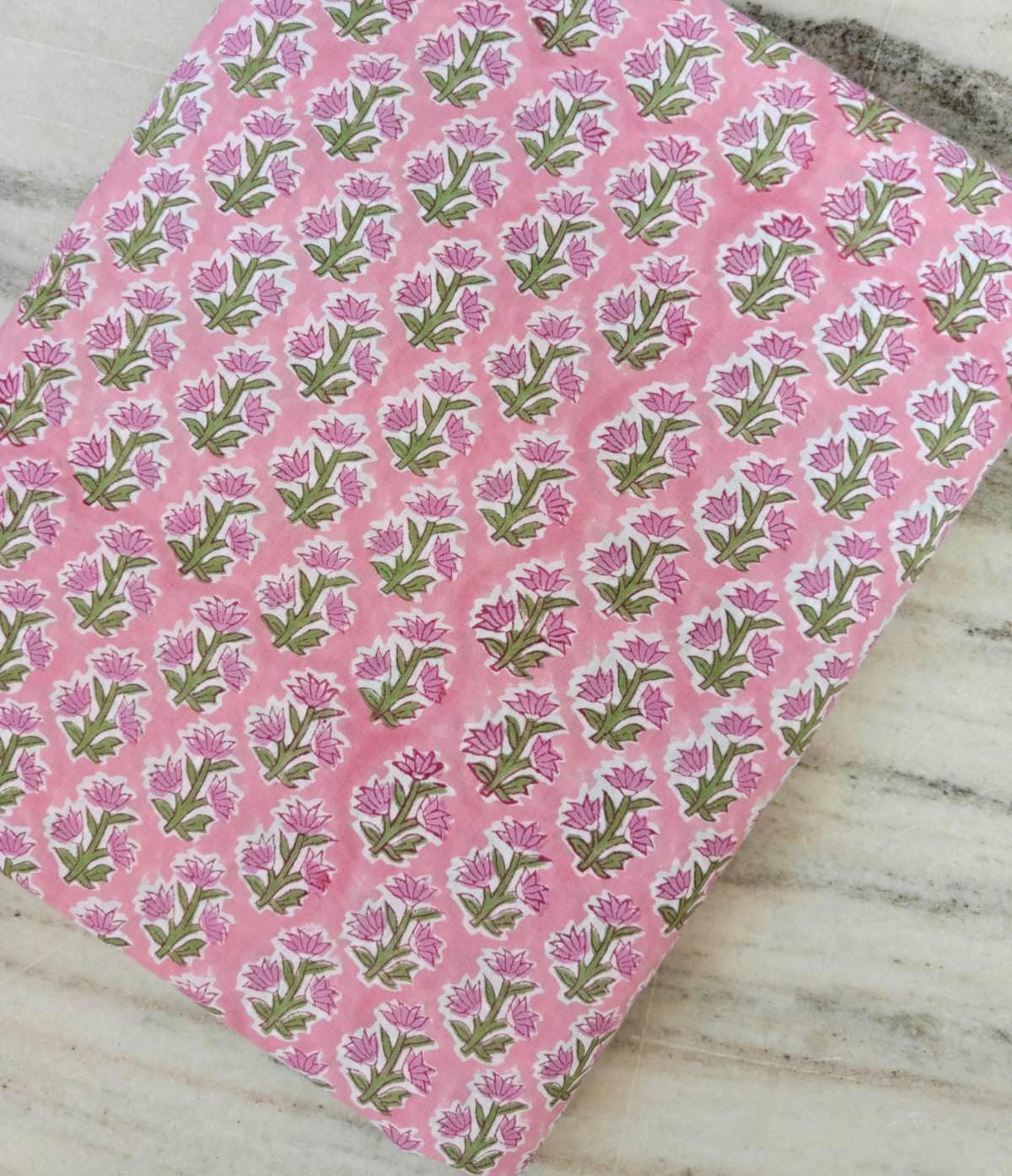 Pink Floral Hand Block Print Cotton Fabric – Indian Buti Print Fabric by the Yard – Soft Lightweight Cotton for Dressmaking & Quilting