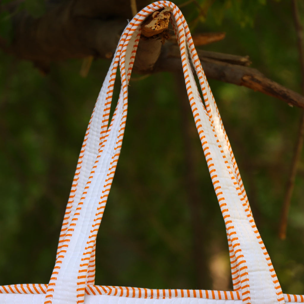 Hand Block Print Cotton Tote Bag, Floral White Shopping Bag, Eco Friendly Reusable Bag, Quilted Indian Tote, Gift for Her, Beach Bag