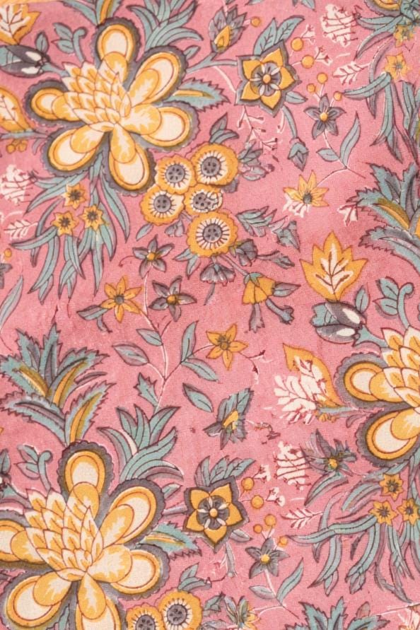 Pink Floral 100% Cotton Fabric, Indian Hand Block Print Fabric, Quilting Fabric By The Yard, Fabric For Dress Making, Loose Running Fabric