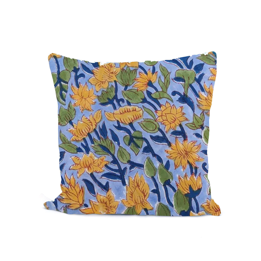 Yellow Floral Cotton Cushion Cover, Blue Hand Block Print Pillow Cover, Decorative Throw Pillow, Handmade Sofa Cushion, Square Pillow Cover