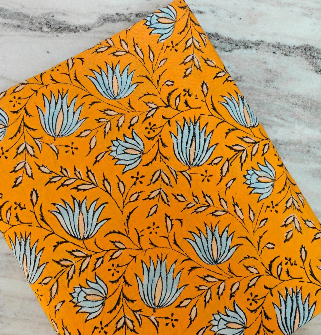 Mustard Orange Floral Cotton Fabric by Yard, Orange Lotus Flower Hand Block Print Fabric, Indian Soft Cotton for Quilting, Dress Making
