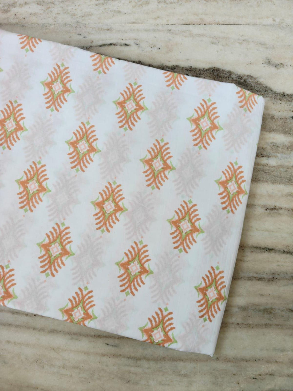 Peach Green Block Print Cotton Fabric, Geometric Floral Indian Cotton, Soft Lightweight Fabric for Sewing, Dressmaking Fabric By The Yard