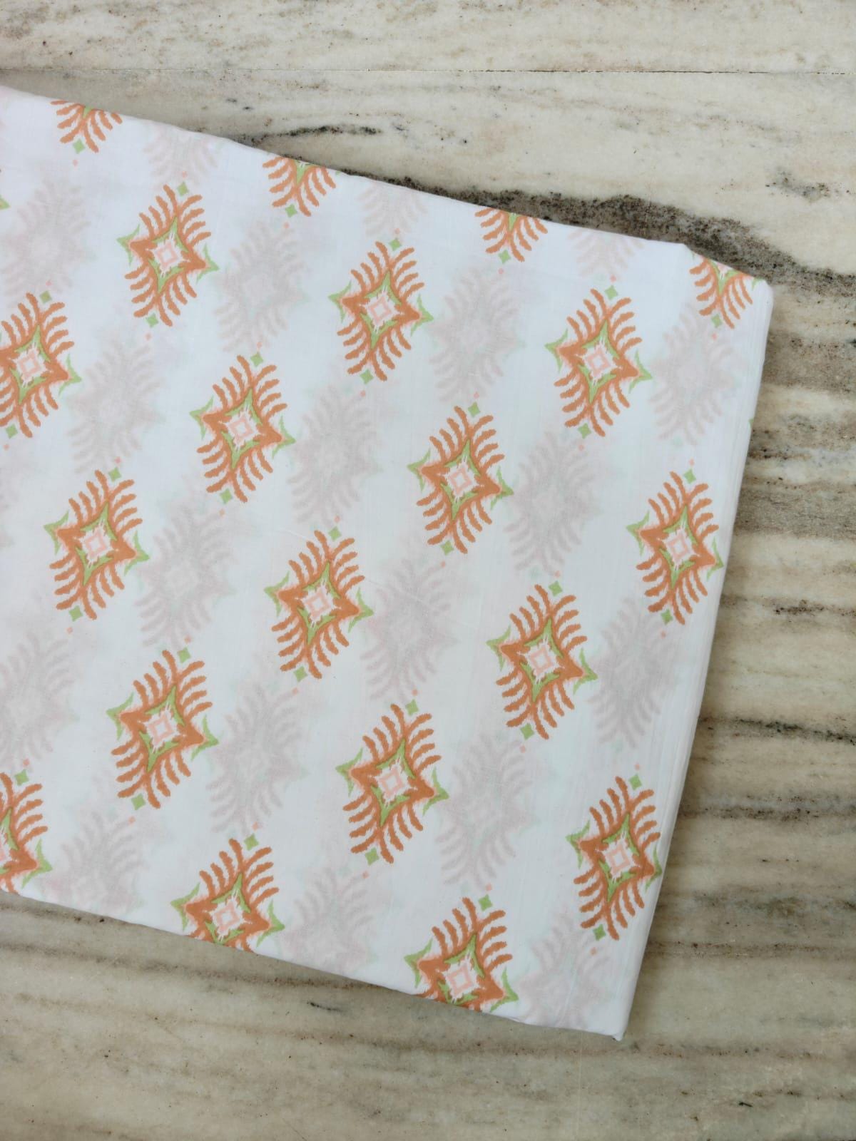 Peach Green Block Print Cotton Fabric, Geometric Floral Indian Cotton, Soft Lightweight Fabric for Sewing, Dressmaking Fabric By The Yard