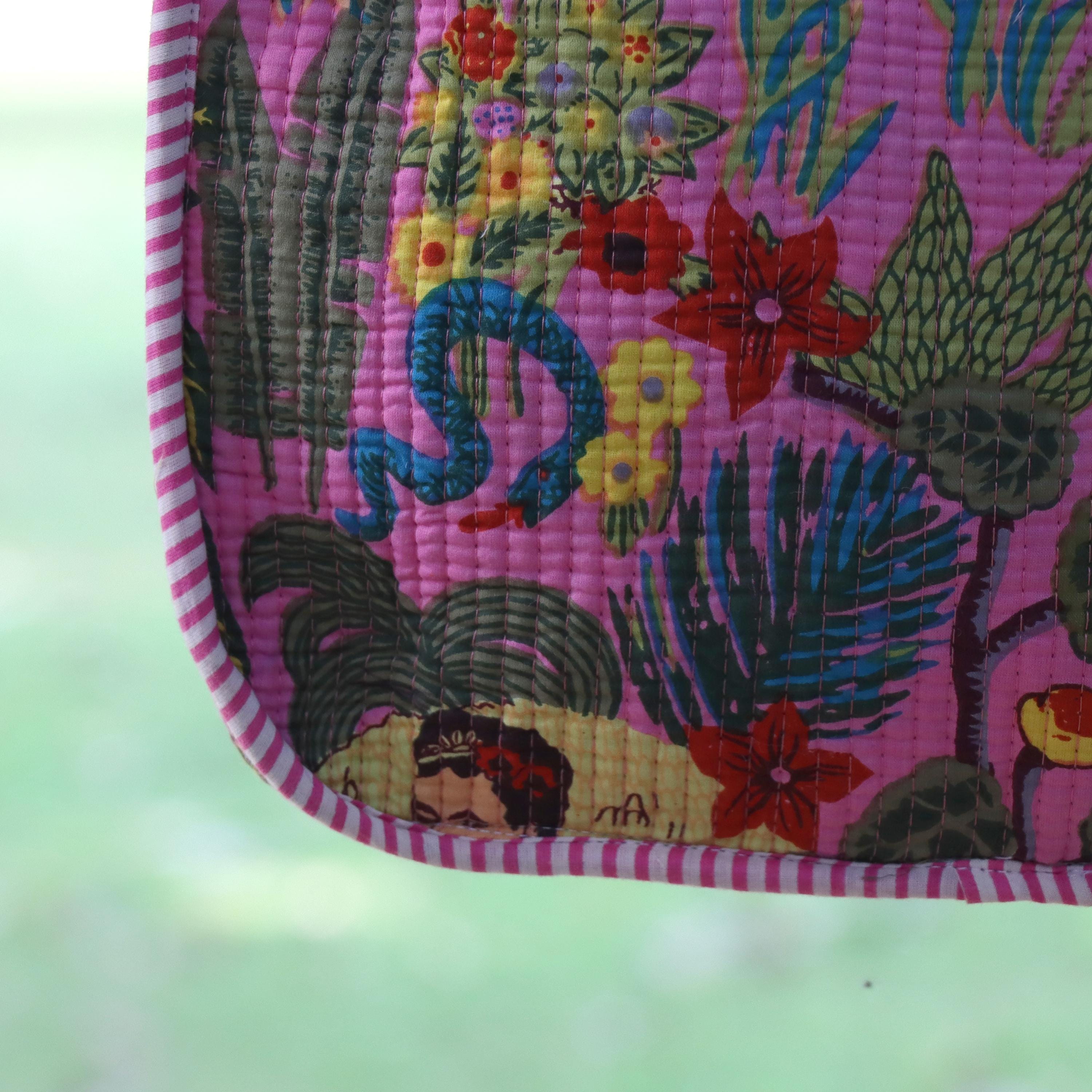 Handmade Quilted Crossbody Bag, Pink Cotton Sling Purse, Folk Art Print Shoulder Bag, Lightweight Boho Everyday Bag, Adjustable Strap