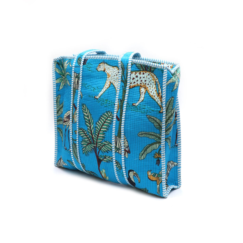 Tropical Jungle Tote Bag, Blue Leopard Print Beach Bag, Quilted Fabric Shopper, Safari Animal Tote, Reusable Market Bag, Gift for Her